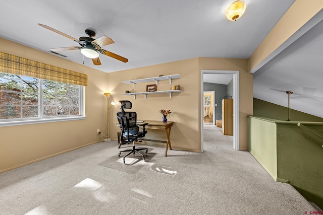 home office featuring carpet floors, visible vents, and baseboards