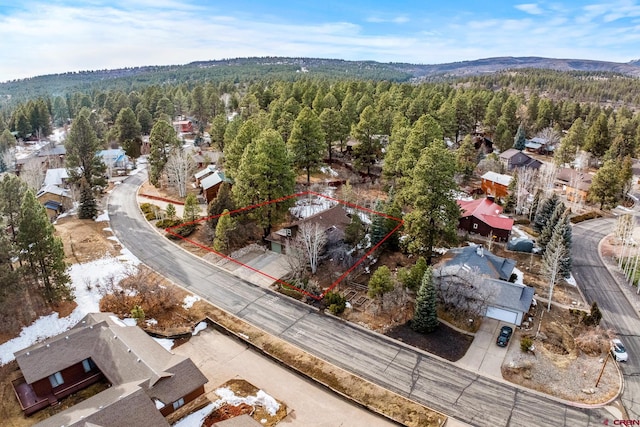 birds eye view of property featuring a wooded view