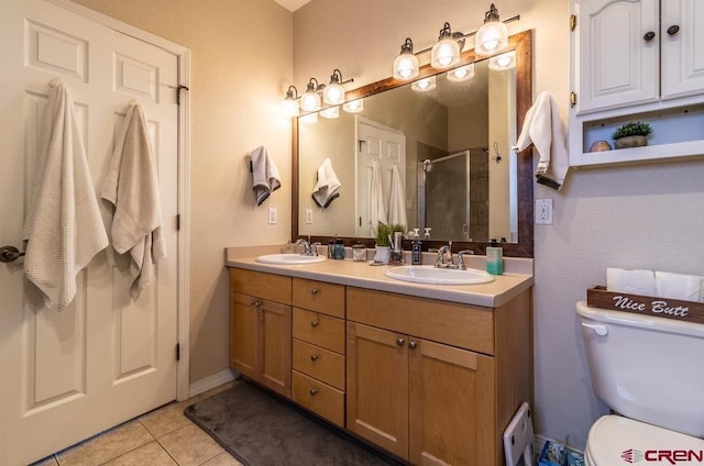 full bathroom featuring tile patterned floors, a sink, toilet, and a shower stall