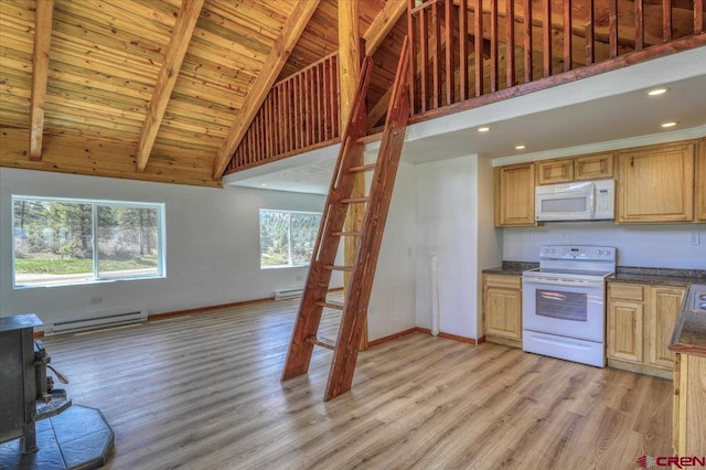 kitchen with white appliances, light wood finished floors, baseboards, dark countertops, and a baseboard heating unit