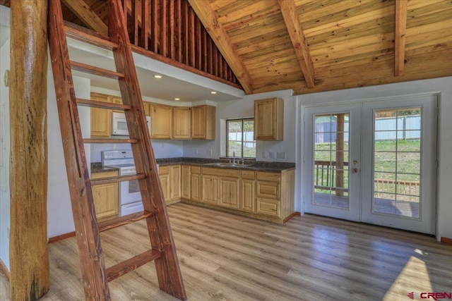 kitchen with french doors, dark countertops, wooden ceiling, light wood-type flooring, and white appliances