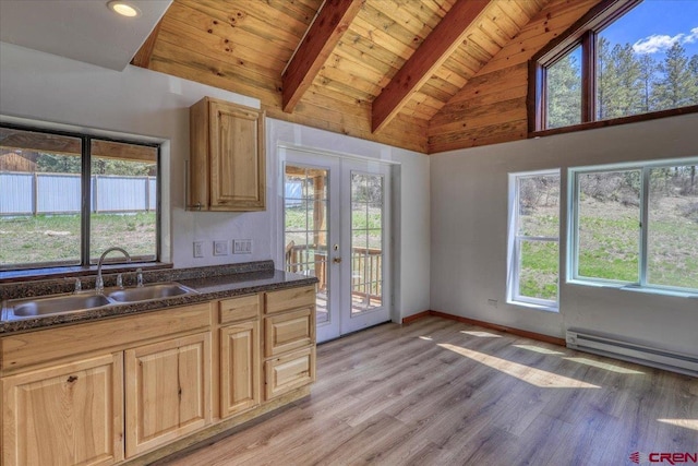 kitchen with french doors, a baseboard radiator, light wood-style floors, a sink, and wooden ceiling