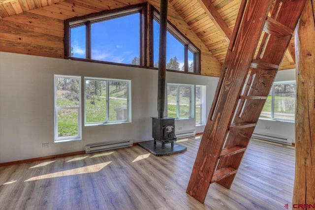 unfurnished living room featuring wood ceiling, a baseboard radiator, wood finished floors, and a wood stove