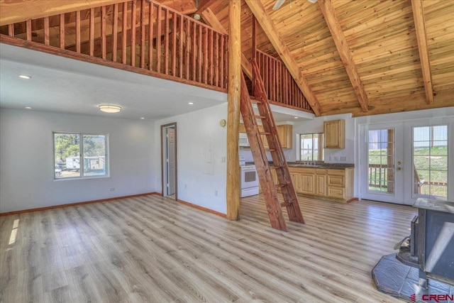 unfurnished living room with a healthy amount of sunlight, light wood-style flooring, and baseboards