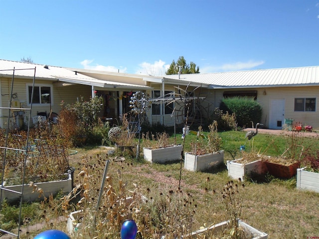 rear view of property featuring metal roof and a vegetable garden