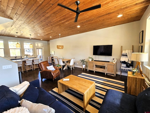 living room featuring recessed lighting, wooden ceiling, baseboards, and wood finished floors