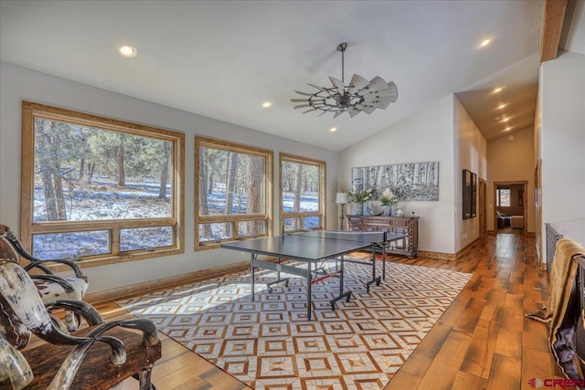 playroom with hardwood / wood-style flooring, ceiling fan, baseboards, and recessed lighting