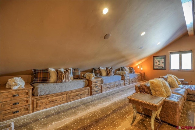 bedroom featuring vaulted ceiling, carpet, and recessed lighting