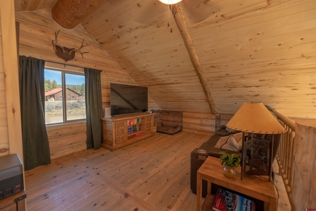 living area with lofted ceiling with beams, wooden ceiling, wood-type flooring, and rustic walls