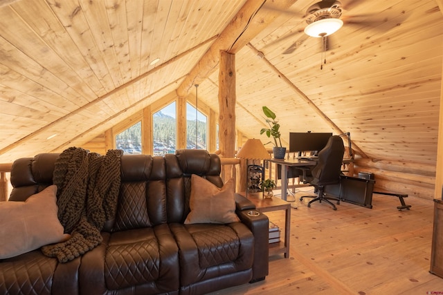 living area featuring lofted ceiling with beams, wooden ceiling, wood-type flooring, and rustic walls