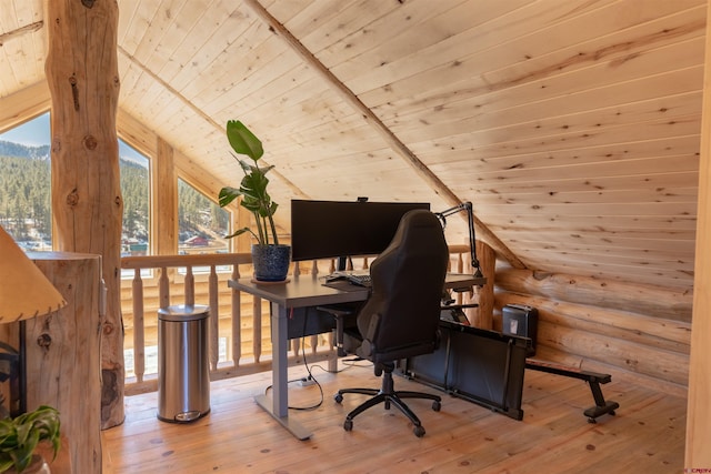 office space with lofted ceiling, wood ceiling, wood-type flooring, and rustic walls