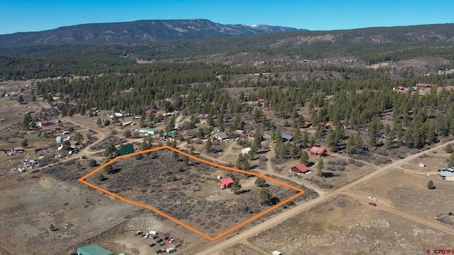 bird's eye view with a mountain view and a wooded view