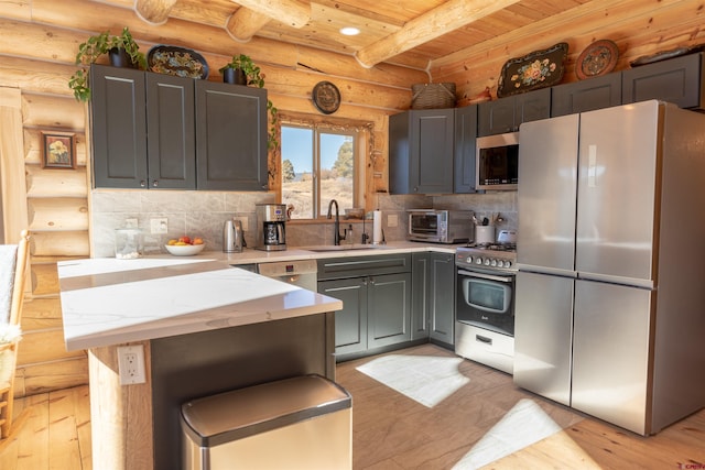 kitchen with appliances with stainless steel finishes, a sink, backsplash, and a peninsula