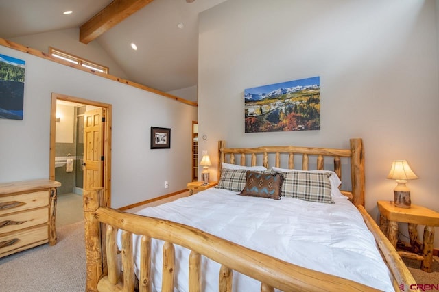 carpeted bedroom featuring lofted ceiling with beams, recessed lighting, ensuite bathroom, and baseboards