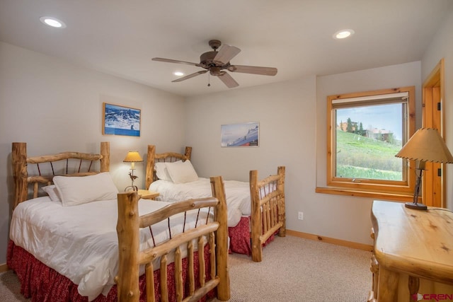 bedroom with carpet floors, recessed lighting, a ceiling fan, and baseboards