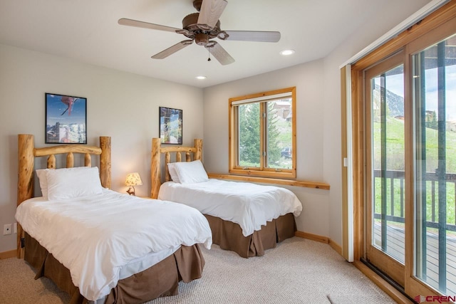 bedroom featuring recessed lighting, a ceiling fan, carpet flooring, access to outside, and baseboards