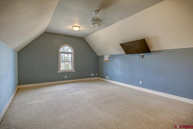 381 Northlake Ave, Pagosa Springs, CO 81147 - bonus room featuring ceiling fan, visible vents, carpet, baseboards, and lofted ceiling