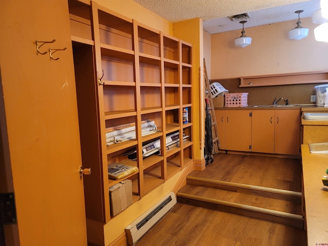 storage with a baseboard heating unit, a sink, and visible vents