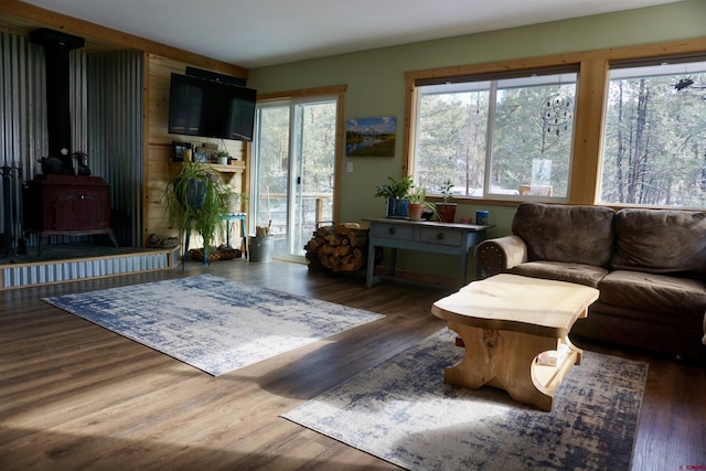 living room featuring wood finished floors and a wood stove