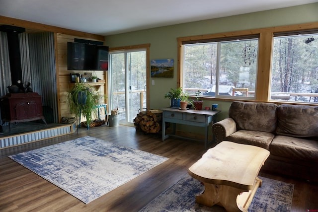 living area featuring a wood stove and wood finished floors