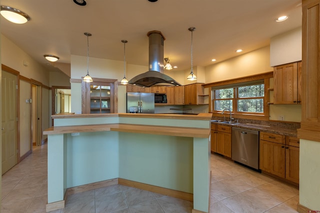 kitchen with a center island, stainless steel appliances, light tile patterned flooring, a sink, and island range hood