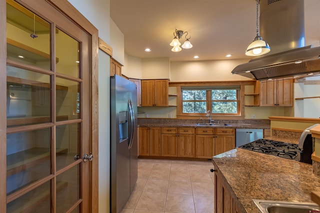 kitchen featuring dishwashing machine, light tile patterned flooring, a sink, stainless steel fridge with ice dispenser, and open shelves