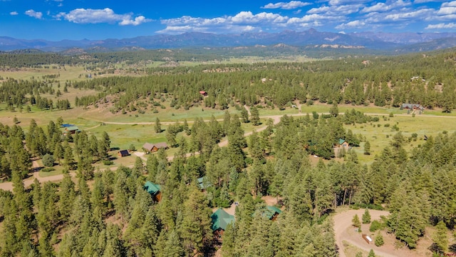 birds eye view of property with a mountain view and a forest view