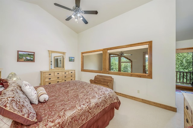 bedroom featuring a ceiling fan, baseboards, carpet, and high vaulted ceiling