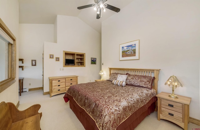 bedroom featuring a ceiling fan, baseboards, high vaulted ceiling, a baseboard radiator, and light carpet