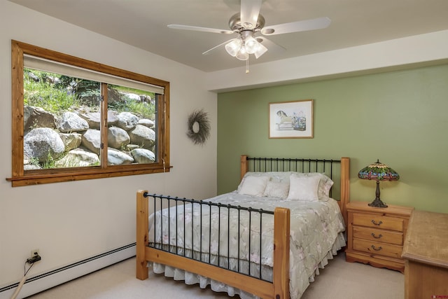 bedroom featuring carpet flooring, a ceiling fan, and baseboard heating