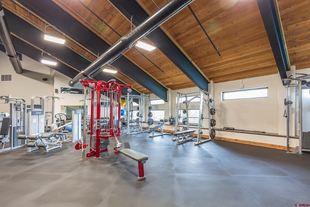 workout area featuring vaulted ceiling, wood ceiling, and visible vents