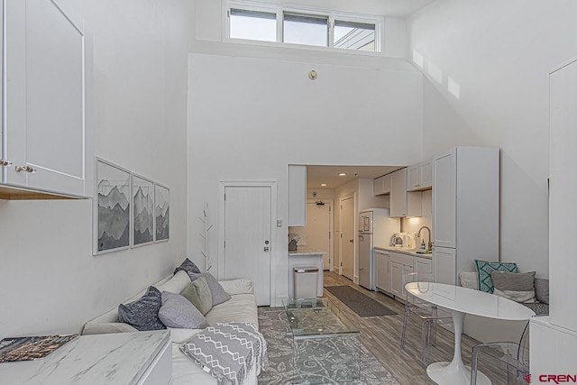 living room featuring a towering ceiling and wood finished floors