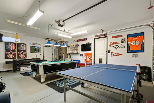 recreation room with billiards, finished concrete flooring, and a garage