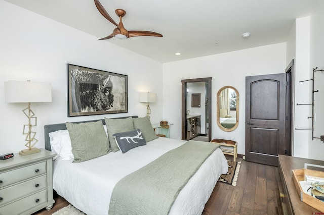 bedroom featuring recessed lighting, ensuite bathroom, dark wood-type flooring, and ceiling fan