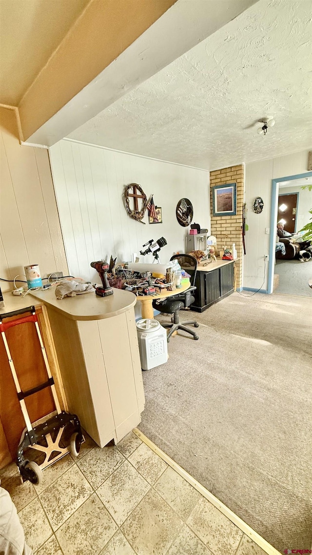 interior space featuring carpet flooring and a textured ceiling