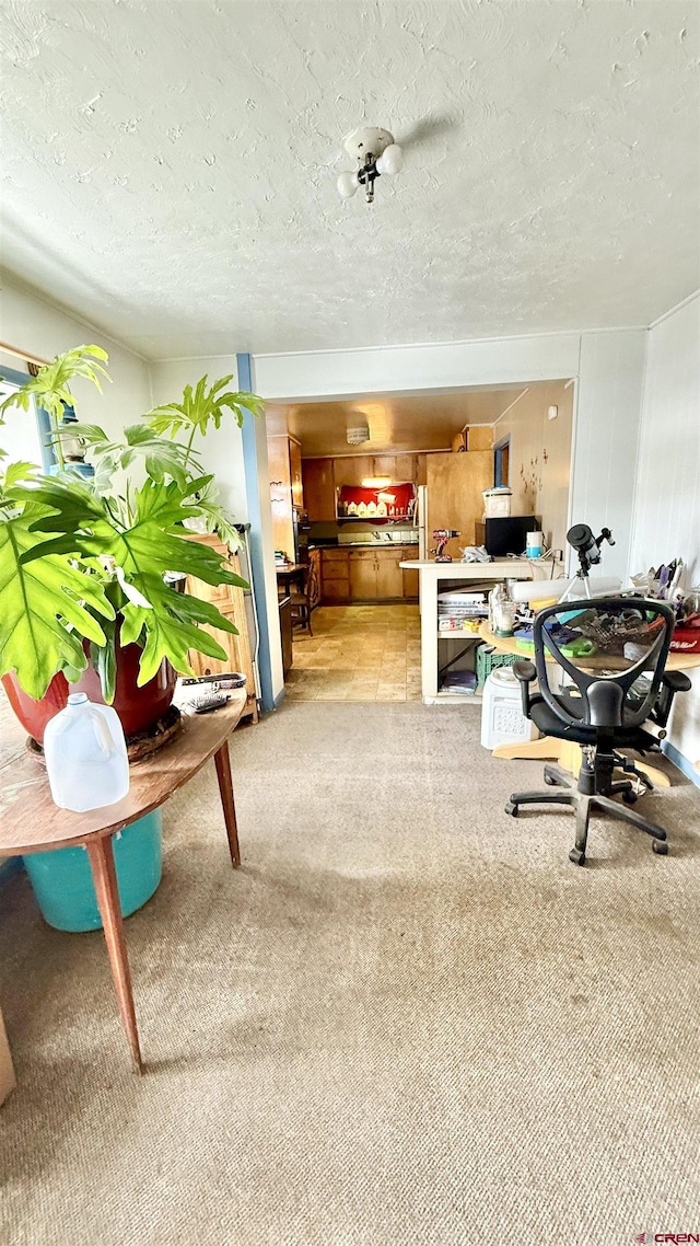 office space with a textured ceiling and light carpet