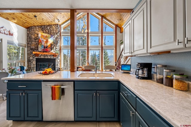 kitchen with a peninsula, light countertops, wood ceiling, stainless steel dishwasher, and open floor plan