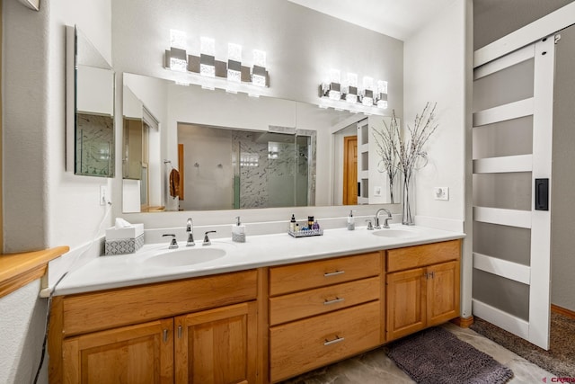 bathroom featuring a sink, a stall shower, and double vanity