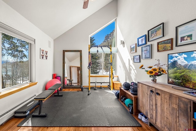 workout room with a baseboard heating unit, lofted ceiling, and wood finished floors