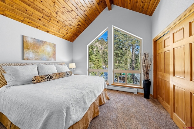 bedroom featuring carpet floors, baseboard heating, wood ceiling, and vaulted ceiling with beams