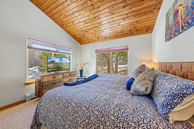 carpeted bedroom with wooden ceiling, vaulted ceiling, baseboards, and a baseboard radiator