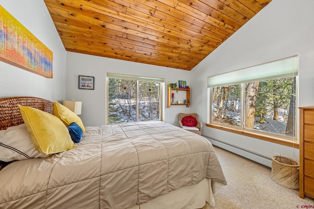 bedroom with a baseboard heating unit, wooden ceiling, carpet, and lofted ceiling