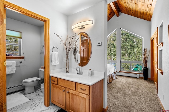 bathroom featuring plenty of natural light, baseboard heating, vaulted ceiling with beams, and toilet