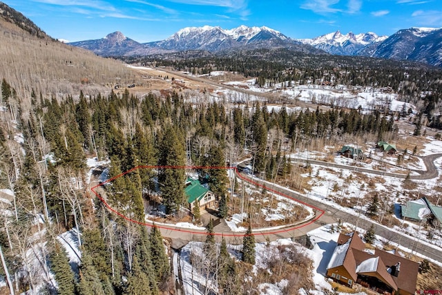 snowy aerial view featuring a mountain view