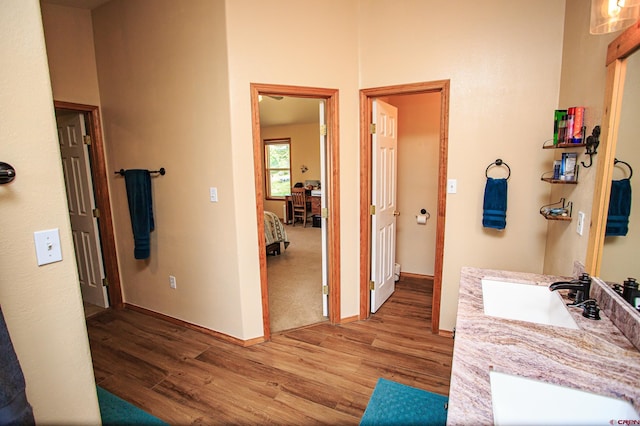 bathroom with vanity, baseboards, and wood finished floors