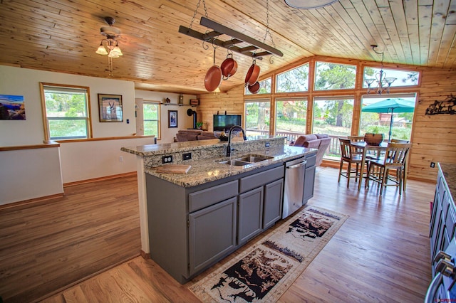 kitchen with gray cabinets, a sink, stainless steel dishwasher, open floor plan, and wood ceiling