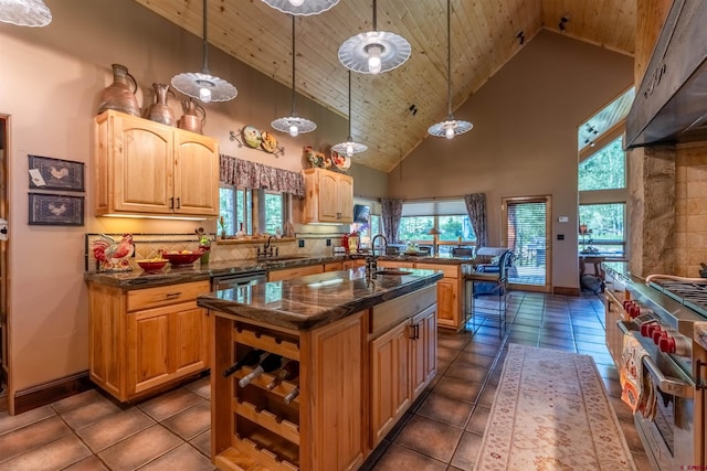 kitchen with high end stainless steel range oven, wooden ceiling, an island with sink, and a sink