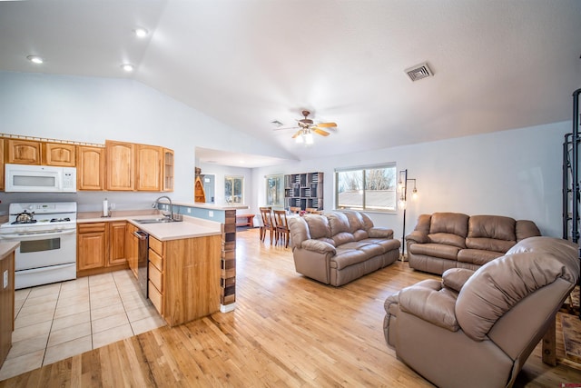 kitchen featuring a sink, white appliances, a peninsula, and open floor plan