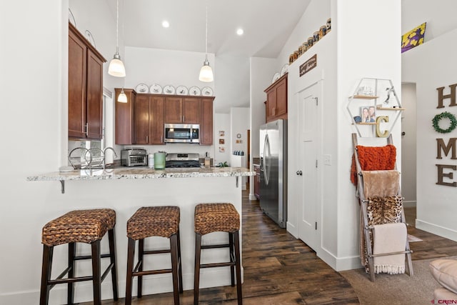 kitchen featuring dark wood-type flooring, a kitchen breakfast bar, stainless steel appliances, a high ceiling, and a peninsula