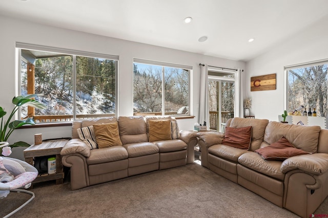 living area featuring recessed lighting, carpet floors, and plenty of natural light